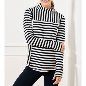 Talbots Textured Mock Neck Pullover Black/White Stripe Flattering Casual Medium